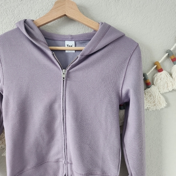 Aritzia TNA Thermal Knit Purple Full Zip Cropped Hooded Sweater Basics Lounge S - Picture 6 of 9